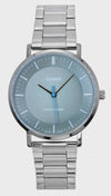 Casio MTP-VT04D-8E quartz watch with grey concave dial, blue seconds hand, and stainless steel bracelet on white background