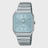 Casio MTP-B185D quartz analogue watch with blue textured dial, squared cushion stainless steel case, and integrated metal bracelet