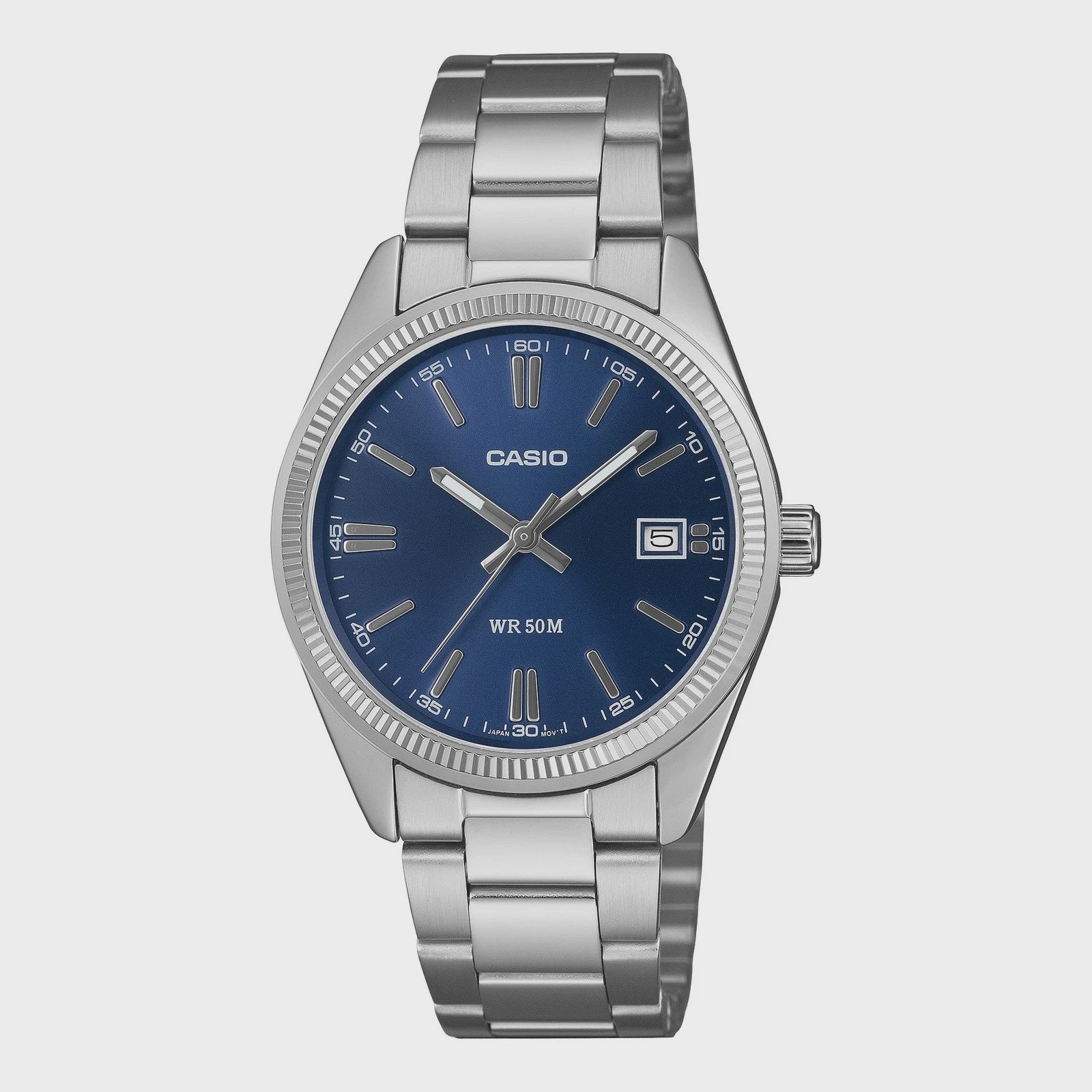 Casio UTP-1302PD-2A1VDF quartz watch with sunray blue dial, coin-edge bezel, stainless steel case and bracelet, date display at 3 o'clock