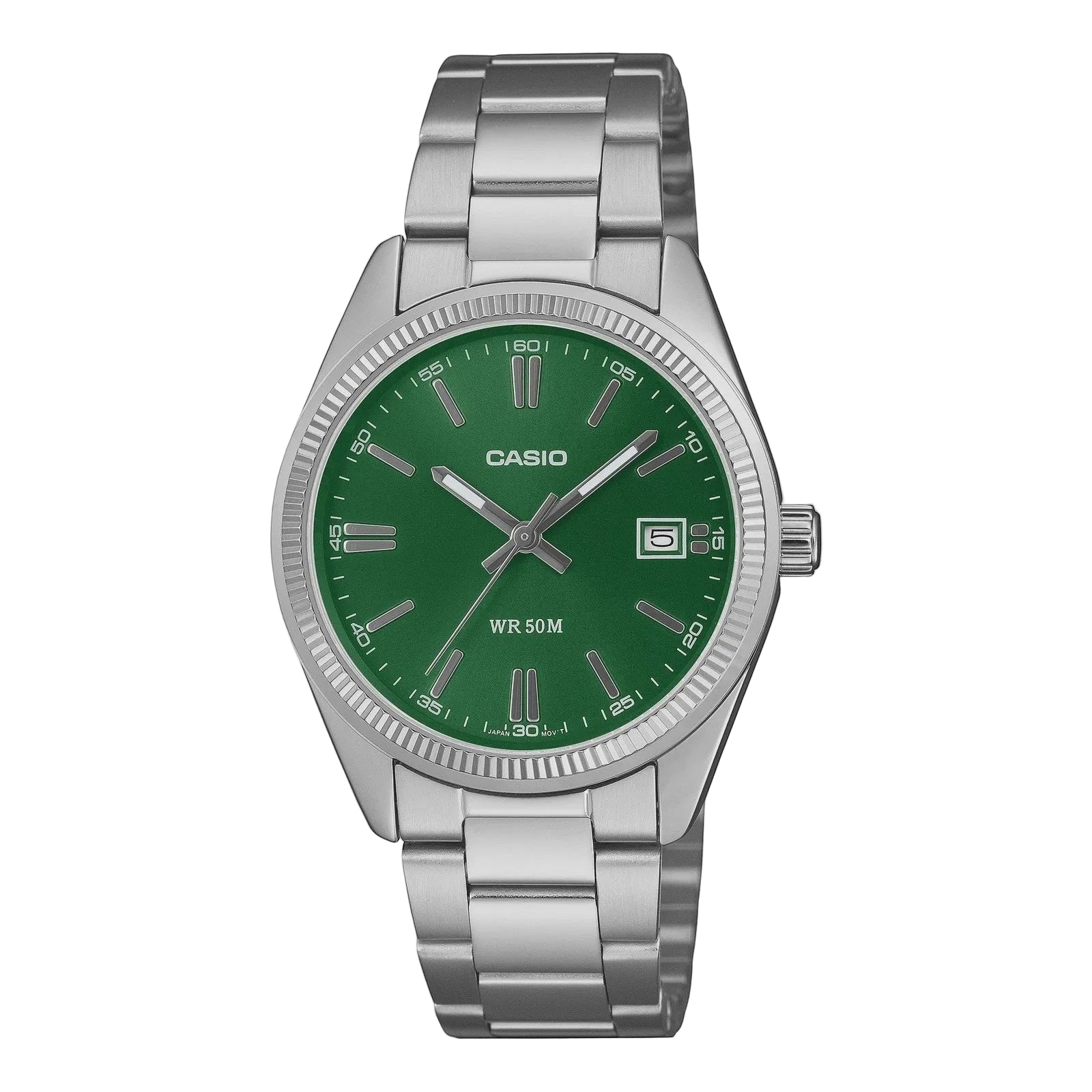 Casio Enticer MTP-1302PD-3A1VDF quartz watch with green sunray dial, fluted bezel, and stainless steel bracelet