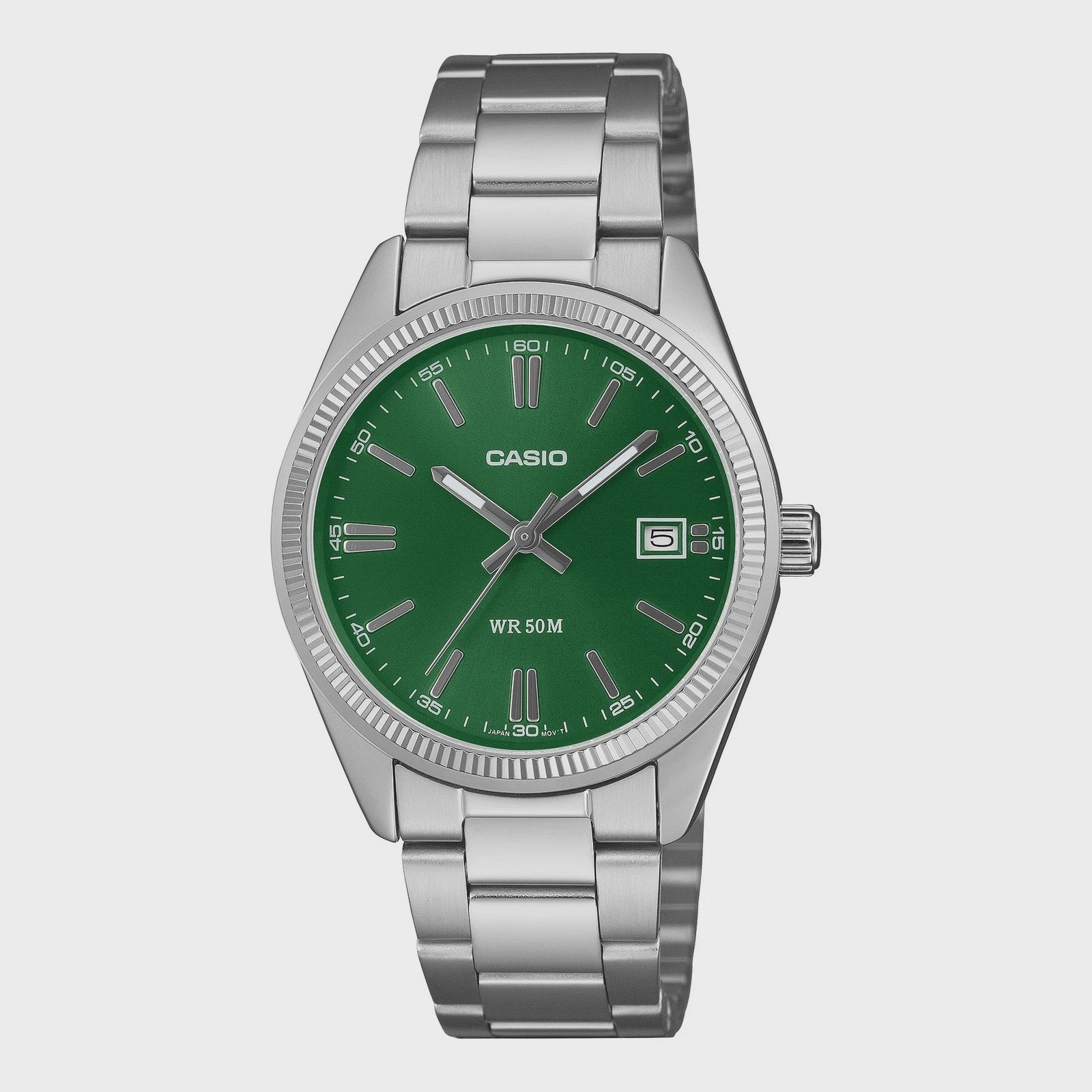 Casio Enticer MTP-1302PD-3A1VDF quartz watch with green sunray dial, fluted bezel, and stainless steel bracelet