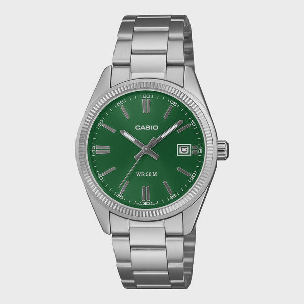 Casio Enticer MTP-1302PD-3A1VDF quartz watch with green sunray dial, fluted bezel, and stainless steel bracelet