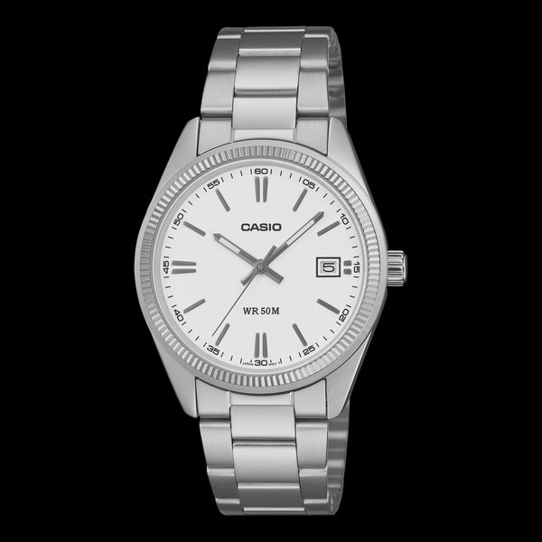 Casio UTP-1302PD quartz watch with white dial, coin-edge bezel, and stainless steel bracelet on black background
