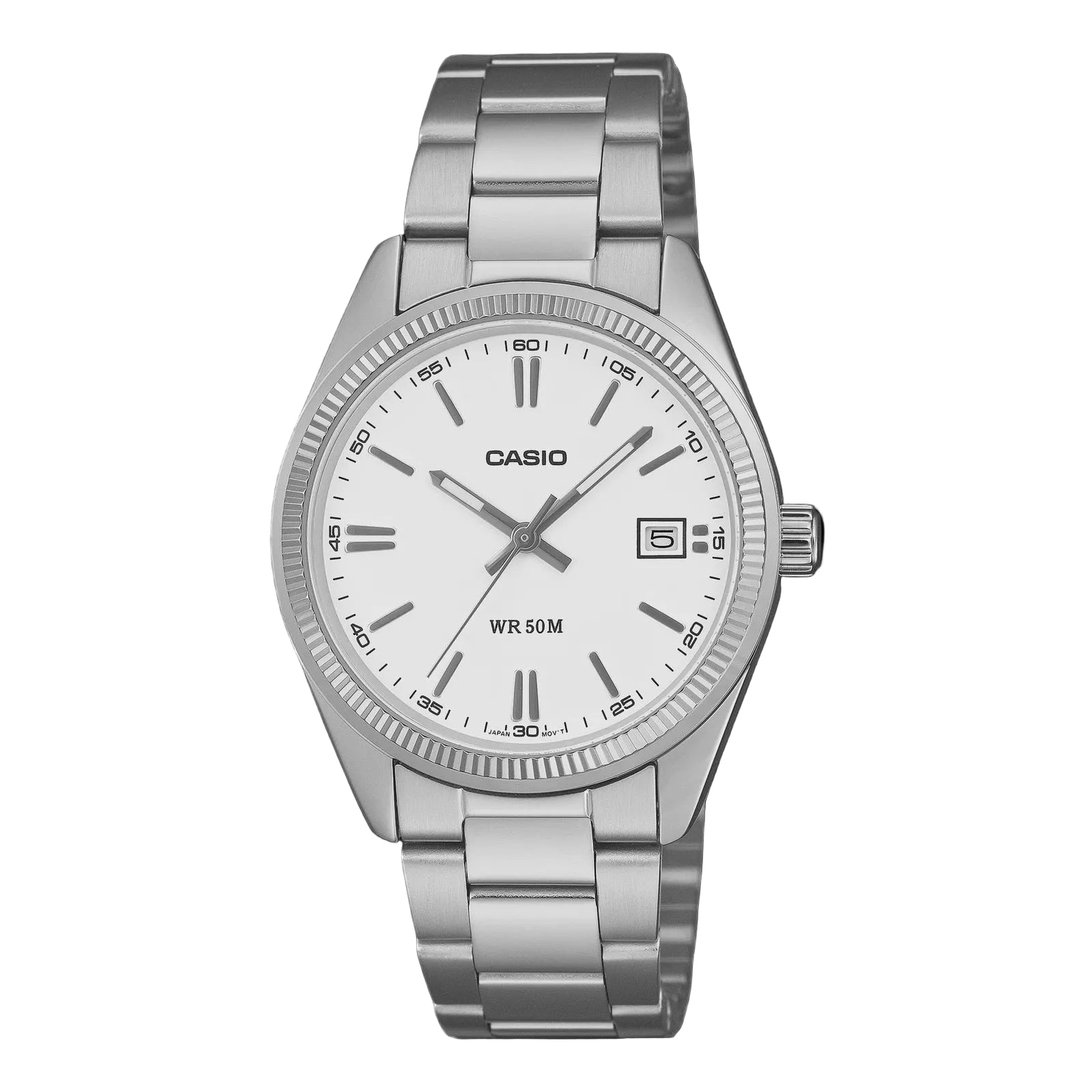 Casio UTP-1302PD quartz watch with white dial, coin-edge bezel, and stainless steel bracelet on black background