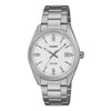 Casio UTP-1302PD quartz watch with white dial, coin-edge bezel, and stainless steel bracelet on black background