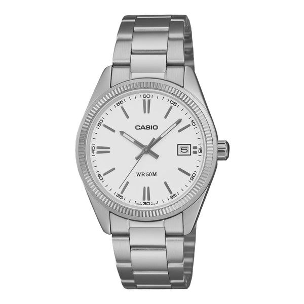 Casio UTP-1302PD quartz watch with white dial, coin-edge bezel, and stainless steel bracelet on black background