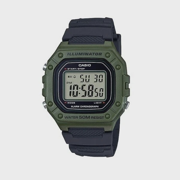 Casio W-218H digital quartz watch with olive green resin case, black resin strap, digital display, chronograph, and 50m water resistance