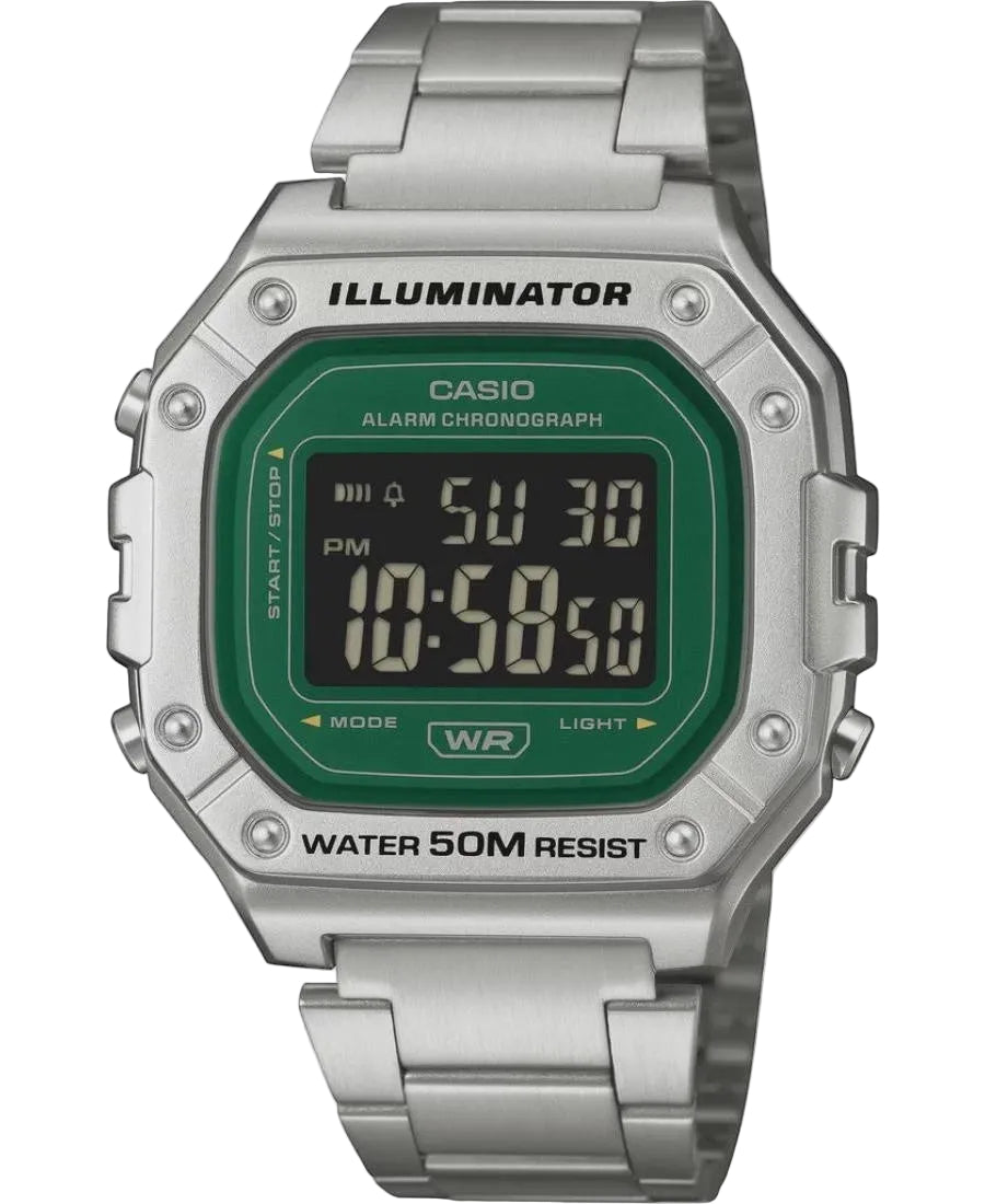 Casio W-218HD-3AVDF Illuminator digital watch with green dial and stainless steel bracelet
