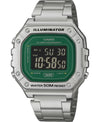 Casio W-218HD-3AVDF Illuminator digital watch with green dial and stainless steel bracelet