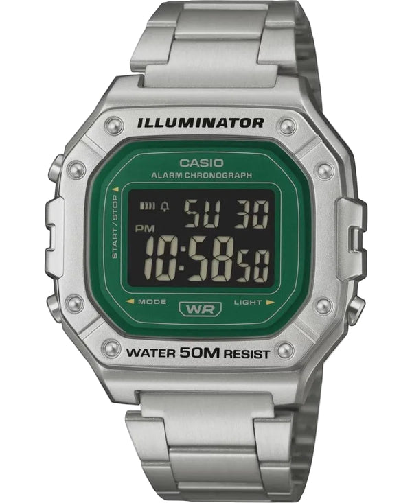 Casio W-218HD-3AVDF Illuminator digital watch with green dial and stainless steel bracelet
