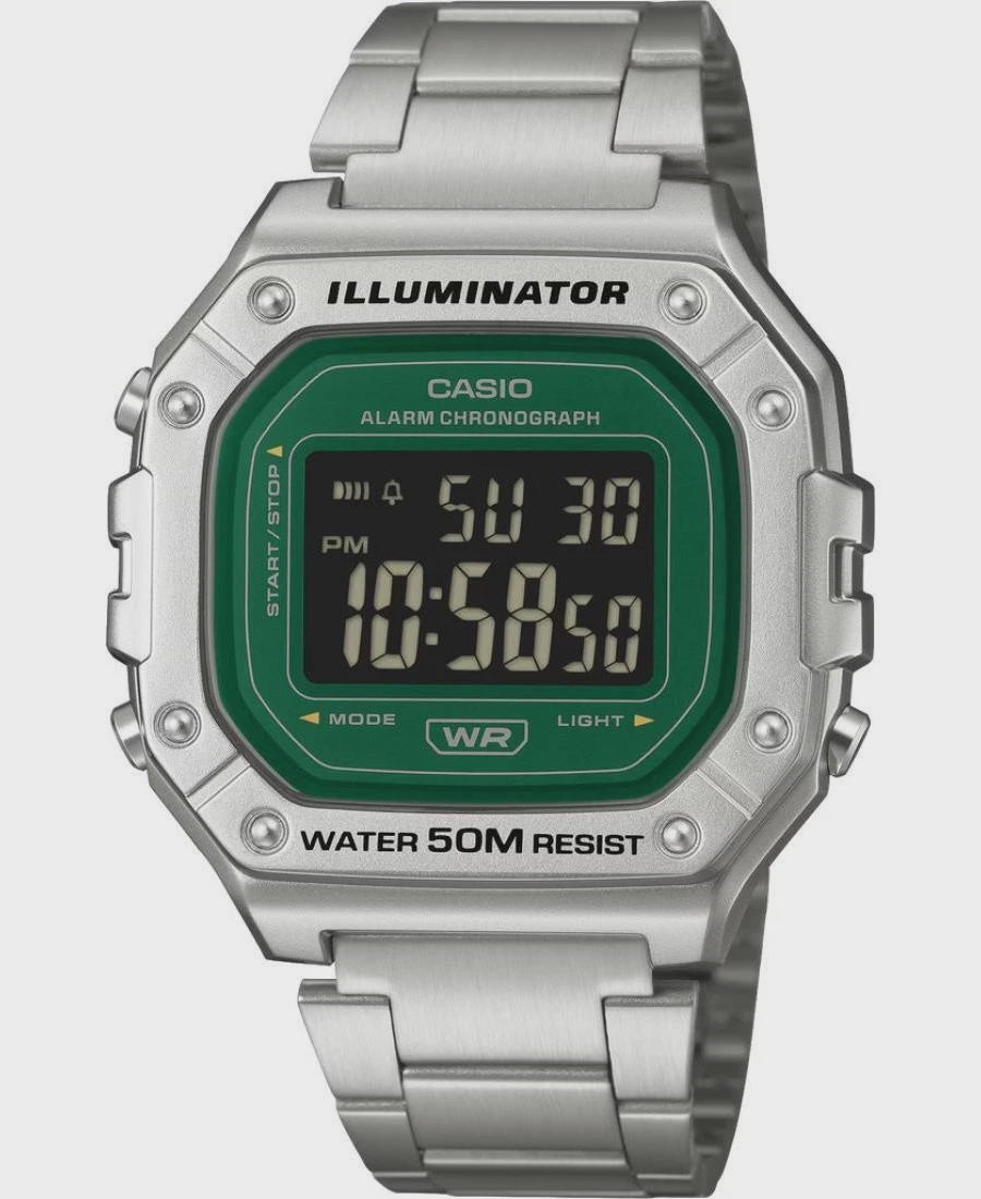 Casio W-218HD-3AVDF Illuminator digital watch with green dial and stainless steel bracelet