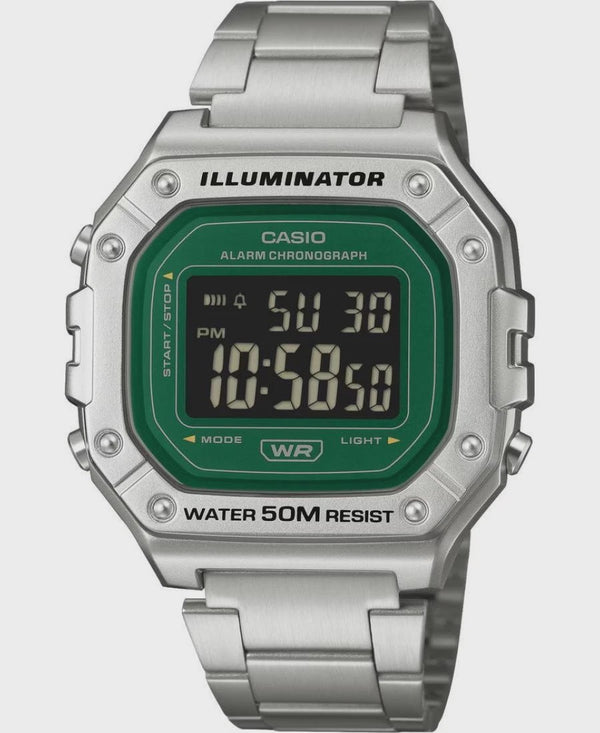 Casio W-218HD-3AVDF Illuminator digital watch with green dial and stainless steel bracelet