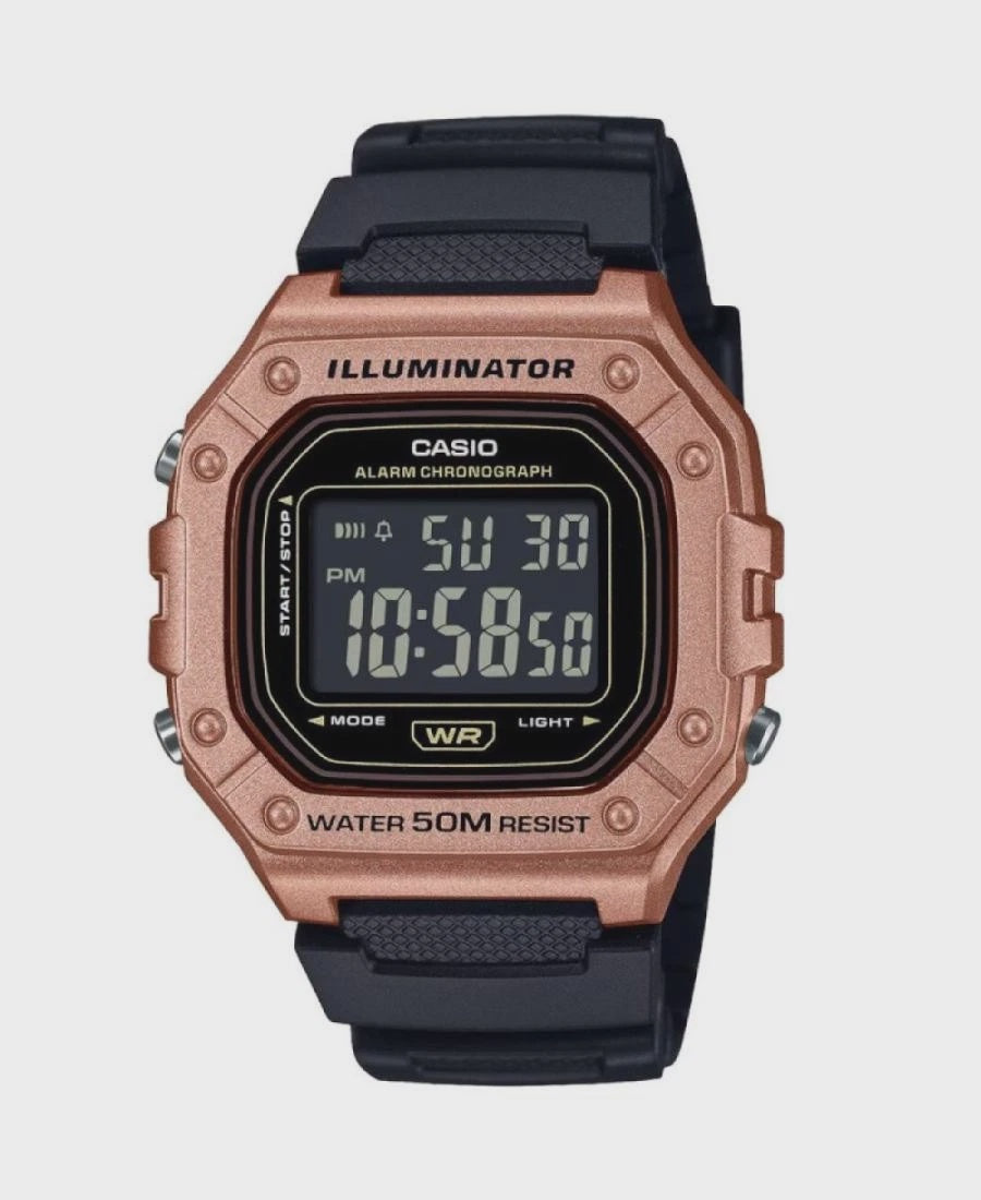 Casio W-218HM-5BV Illuminator digital watch with rose gold resin case, black digital dial, and black resin strap