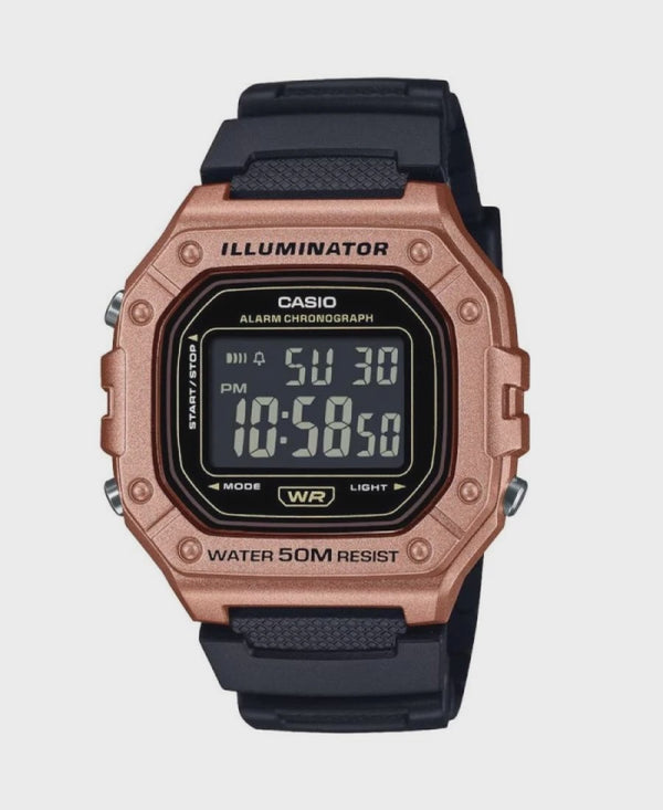 Casio W-218HM-5BV Illuminator digital watch with rose gold resin case, black digital dial, and black resin strap