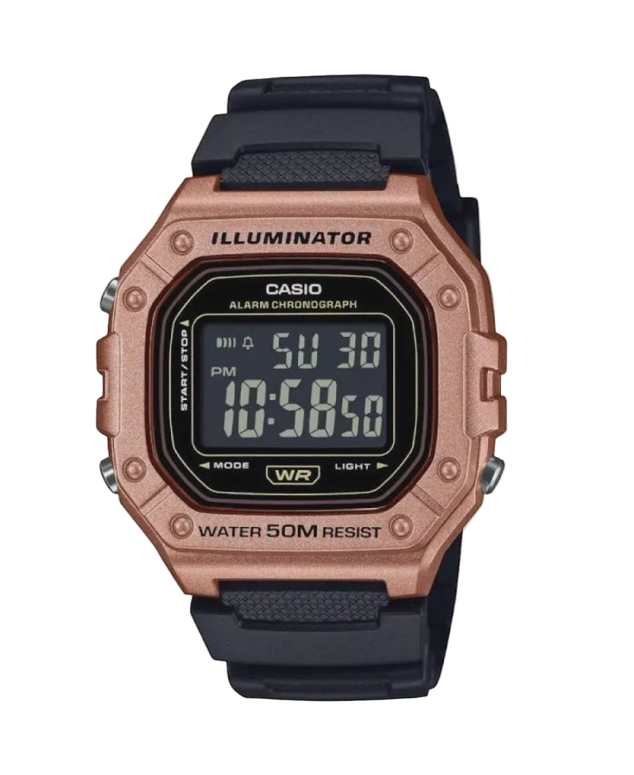Casio W-218HM-5BV Illuminator digital watch with rose gold resin case, black digital dial, and black resin strap
