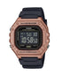 Casio W-218HM-5BV Illuminator digital watch with rose gold resin case, black digital dial, and black resin strap