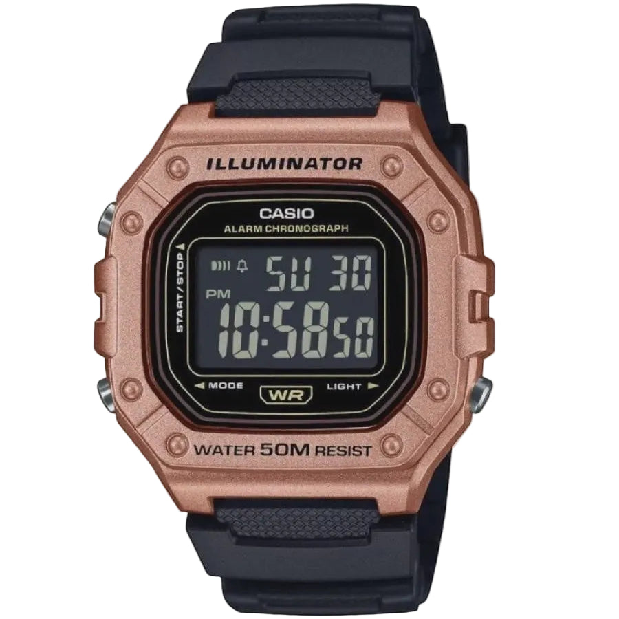 Casio W-218HM-5BV Illuminator digital watch with rose gold resin case, black digital dial, and black resin strap