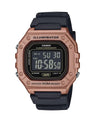 Casio W-218HM-5BV Illuminator digital watch with rose gold resin case, black digital dial, and black resin strap