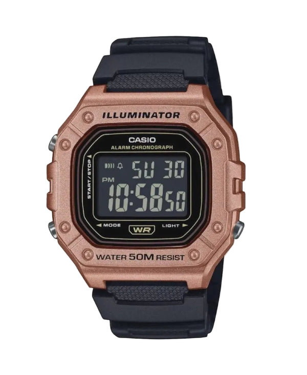 Casio W-218HM-5BV Illuminator digital watch with rose gold resin case, black digital dial, and black resin strap