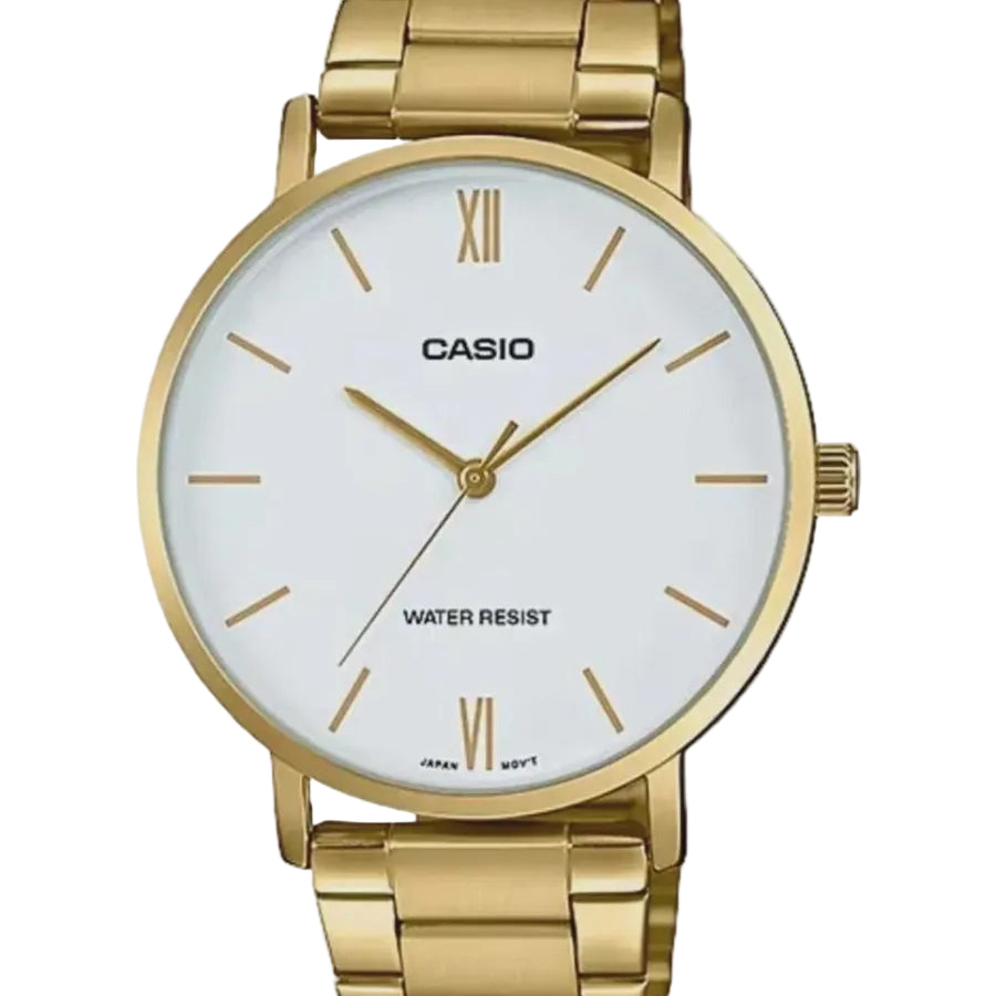 Casio MTP-VT01G-7B white dial watch on gold-tone stainless steel bracelet