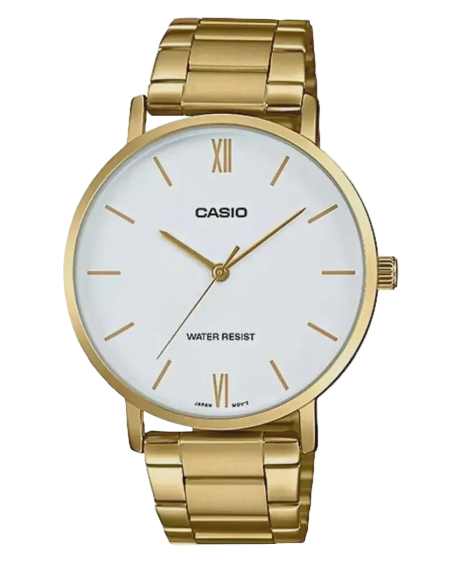 Casio MTP-VT01G-7B white dial watch on gold-tone stainless steel bracelet