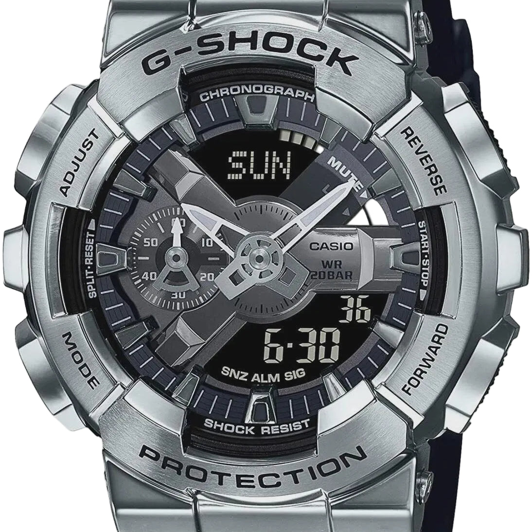 Casio G-Shock GM-110-1ADR analog-digital chronograph watch with silver stainless steel bezel and black resin textured strap on white background