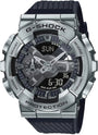 Casio G-Shock GM-110-1ADR analog-digital chronograph watch with silver stainless steel bezel and black resin textured strap on white background