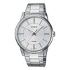 Casio MTP-1303D-7A men's quartz watch with white dial and stainless steel bracelet on grey background
