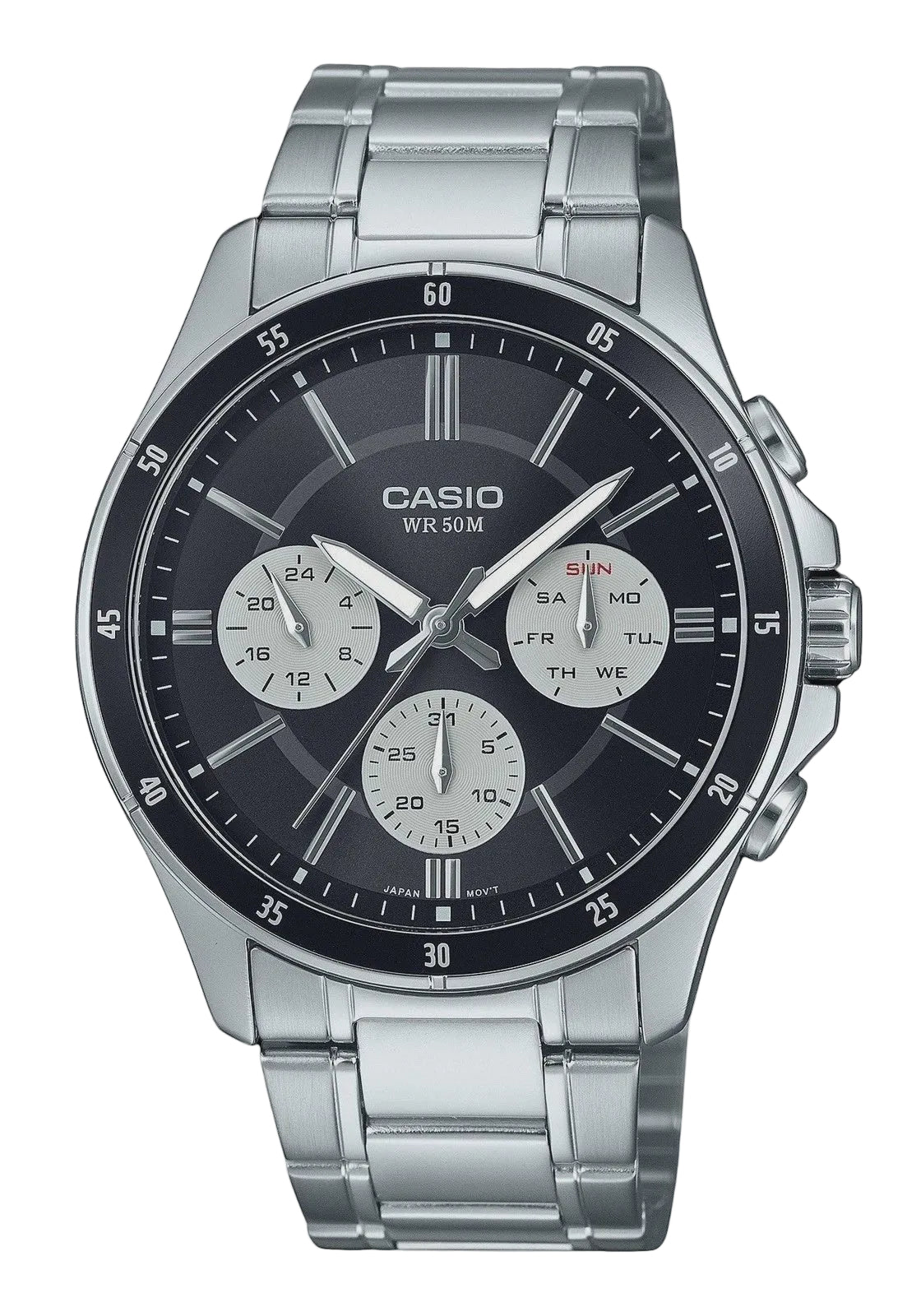 Casio MTP-1374D-1A quartz multifunction watch with black dial, stainless steel bracelet, and rotating bezel