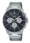 Casio MTP-1374D-1A quartz multifunction watch with black dial, stainless steel bracelet, and rotating bezel