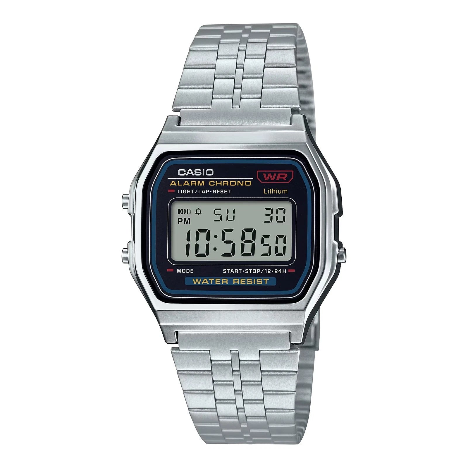 Casio A159WA-N1DF vintage digital alarm chronograph watch with stainless steel bracelet and rectangular case