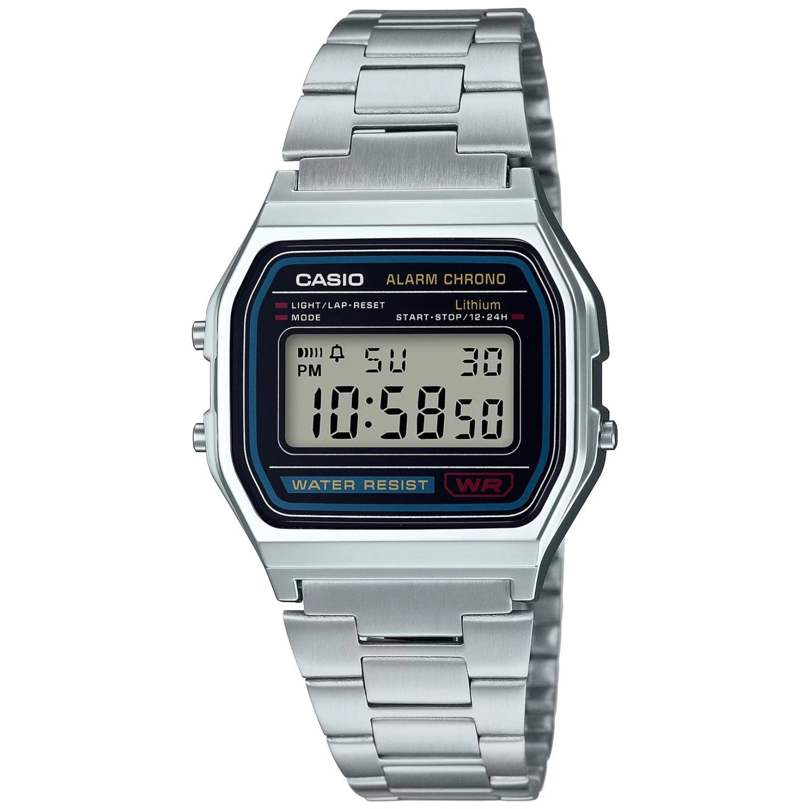 Casio A158WA-1DF square resin digital watch on stainless steel bracelet, front view