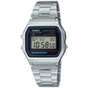 Casio A158WA-1 vintage digital quartz watch with square stainless steel case and grey LCD dial on steel bracelet