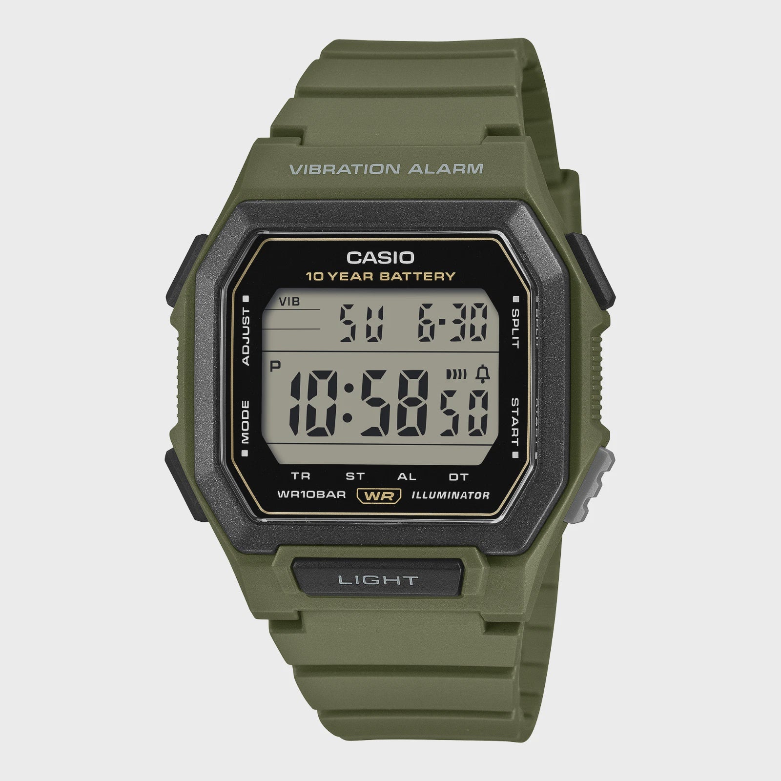 Casio W-738H-3AV digital watch with olive green resin case and strap featuring vibration alarm and 10-year battery life