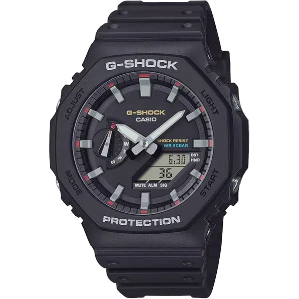 Casio G-Shock GA-2100RL-1A black analog-digital watch with octagonal Carbon Core Guard case and red accents on resin strap