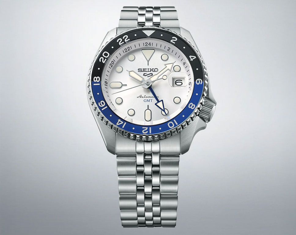 Seiko 5 Sports GMT Automatic White Dial Stainless Steel Watch Black Blue Bezel (SSK033K1)