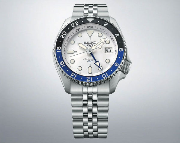 Seiko 5 Sports GMT Automatic White Dial Stainless Steel Watch Black Blue Bezel (SSK033K1)