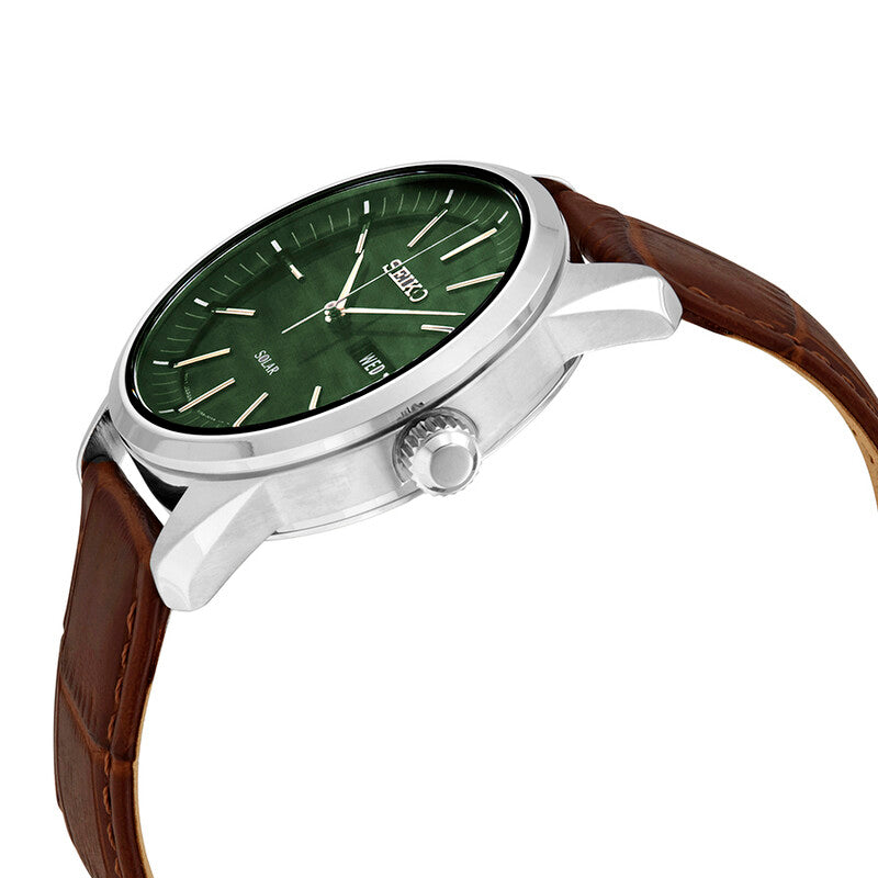 Seiko Solar Quartz 40mm Green Dial Steel Case Leather Strap Watch (SNE529P1)