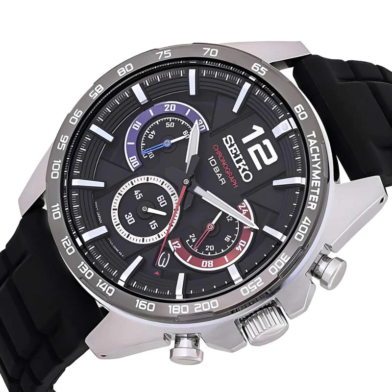 Seiko SSB347P1 Quartz Chronograph Black Dial Stainless Steel Watch with Black Silicone Strap - Cassim & Co South Africa