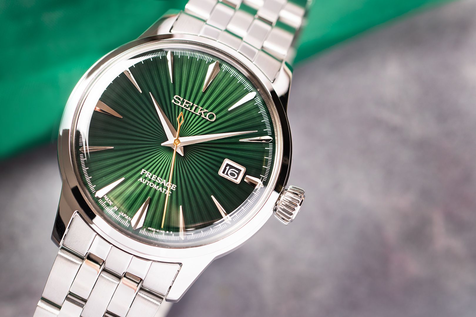 Seiko Presage Cocktail Time Automatic Green Sunburst Dial Stainless Steel Watch (SRPE15J1) - Cassim & Co South Africa