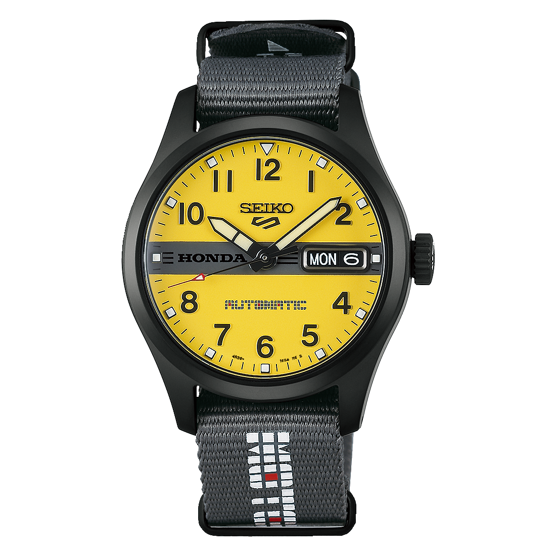 Seiko 5 Sports x Honda MOTOCOMPO HDB010K1 automatic watch with yellow dial, black hardened steel case, and grey textile NATO strap featuring MOTOCOMPO graphic