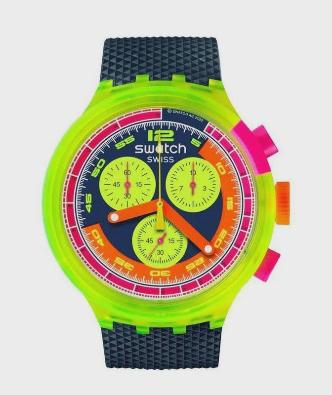 Swatch Neon To The Max Pay! SB06J101-6000 quartz chronograph watch with neon green polycarbonate case, multicolour dial, and textured grey strap