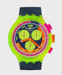 Swatch Neon To The Max Pay! SB06J101-6000 quartz chronograph watch with neon green polycarbonate case, multicolour dial, and textured grey strap