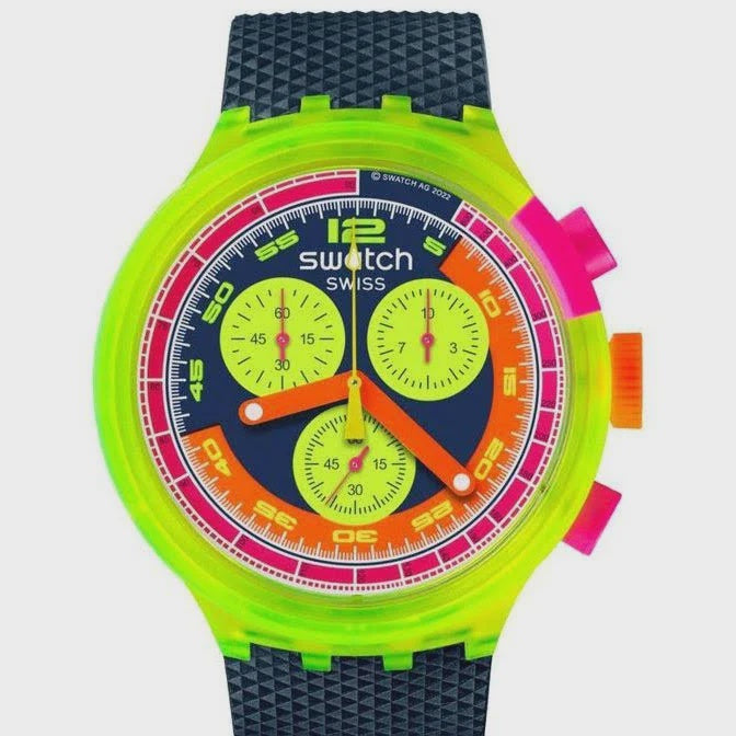 Swatch Neon To The Max Pay! SB06J101-6000 quartz chronograph watch with neon green polycarbonate case, multicolour dial, and textured grey strap