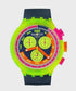 Swatch Neon To The Max Pay! SB06J101-6000 quartz chronograph watch with neon green polycarbonate case, multicolour dial, and textured grey strap