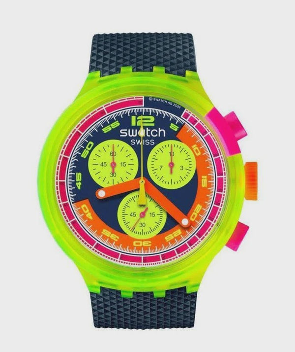 Swatch Neon To The Max Pay! SB06J101-6000 quartz chronograph watch with neon green polycarbonate case, multicolour dial, and textured grey strap