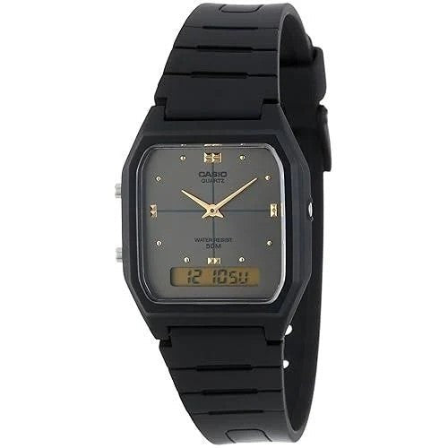 Casio Standard AW-48HE-8AVDF ana-digi quartz watch with grey dial, gold-tone indices, and black resin strap on white background