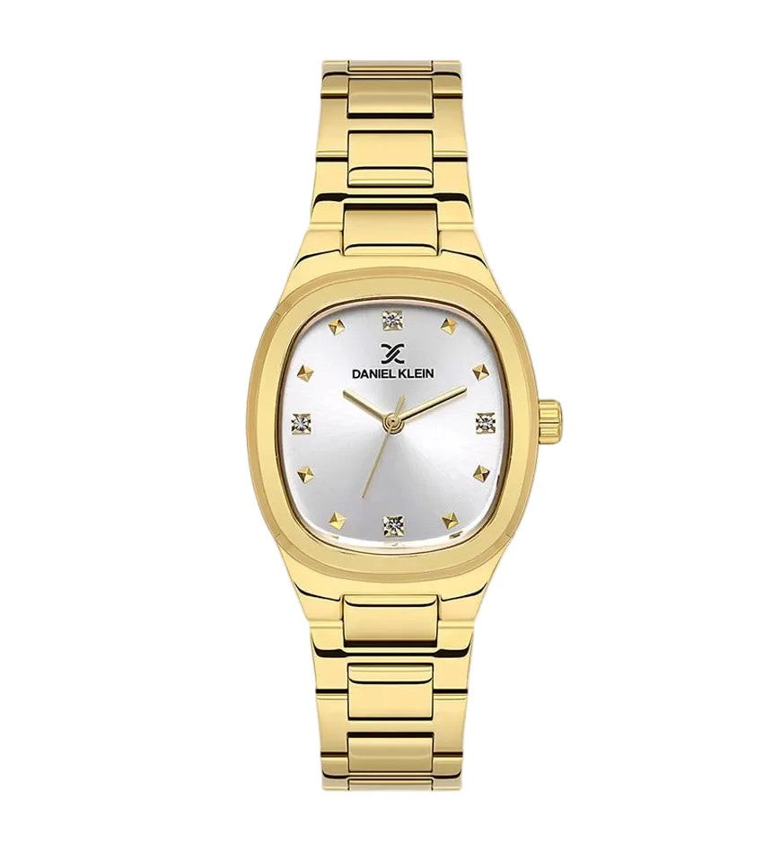 Daniel Klein DK113955-3 gold-tone stainless steel watch with silver sunray dial and cushion case on white background