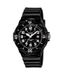 Casio LRW-200H-1BV quartz diver watch with black dial, white Arabic numerals, rotating bezel, and black resin strap