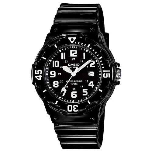 Casio LRW-200H-1BV quartz diver watch with black dial, white Arabic numerals, rotating bezel, and black resin strap